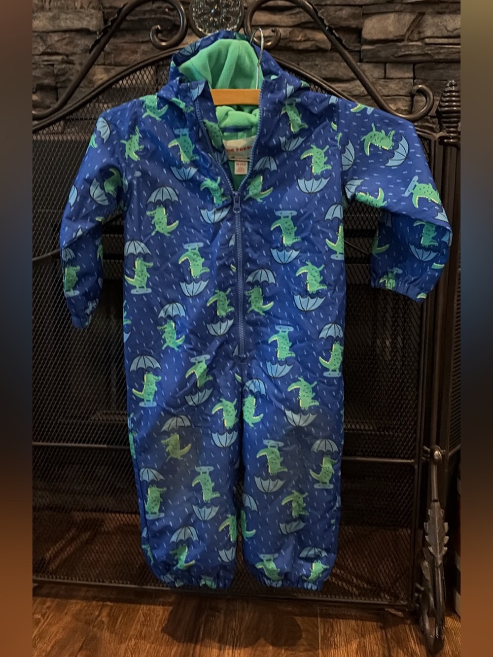 Joe Fresh Blue Hooded One-Piece Rain Suit with Green Crocodile Print